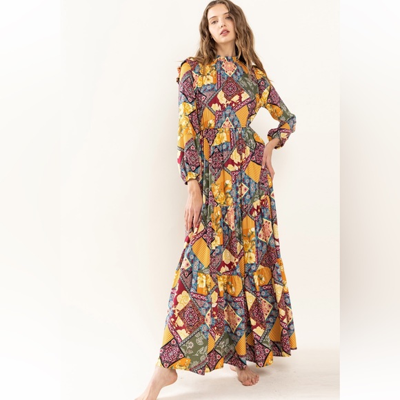 37 Boho Border Print Woven Shirring Tiered Maxi Dress - Picture 2 of 6